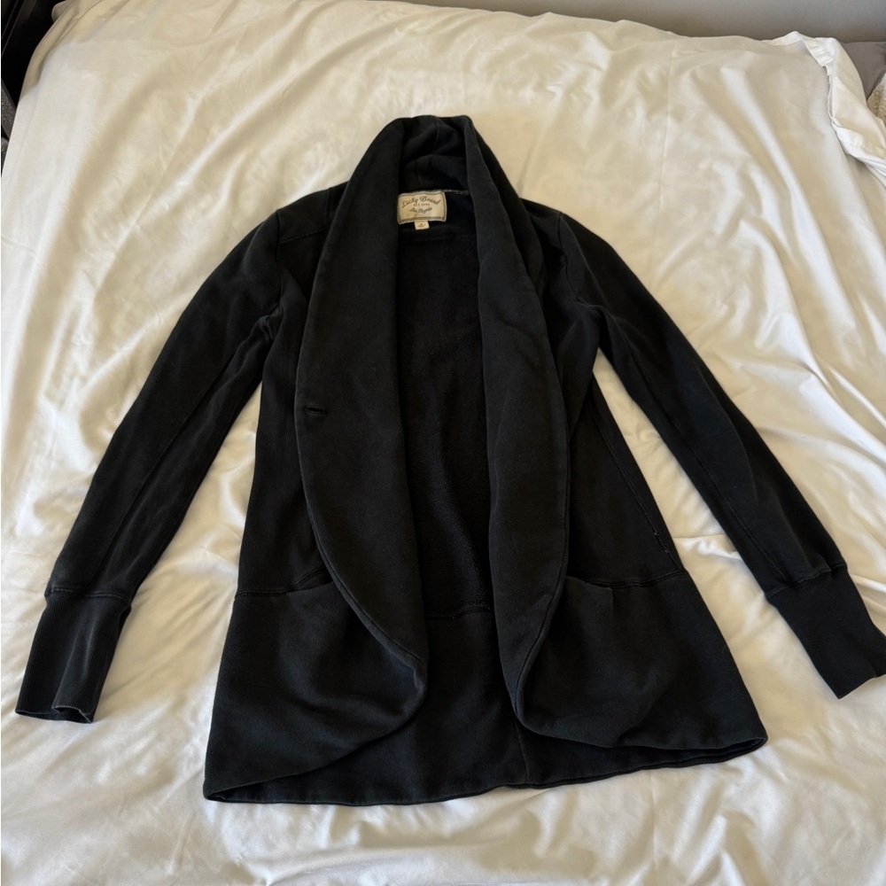 Vintage Lucky Brand Black French Terry Wrap Cardigan Shawl Collar Draped Jacket